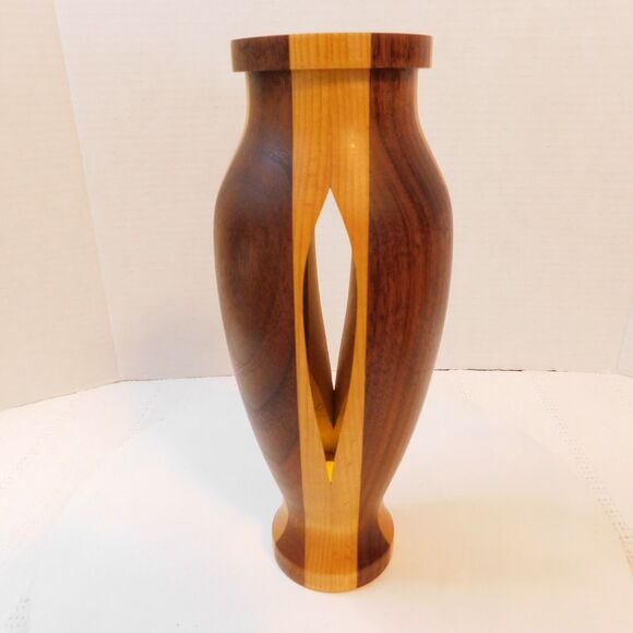 Hand Turned Wooden Vase Tea-Light Candle Holder Stripe Walnut Birch? Wood Decor - Picture 4 of 15